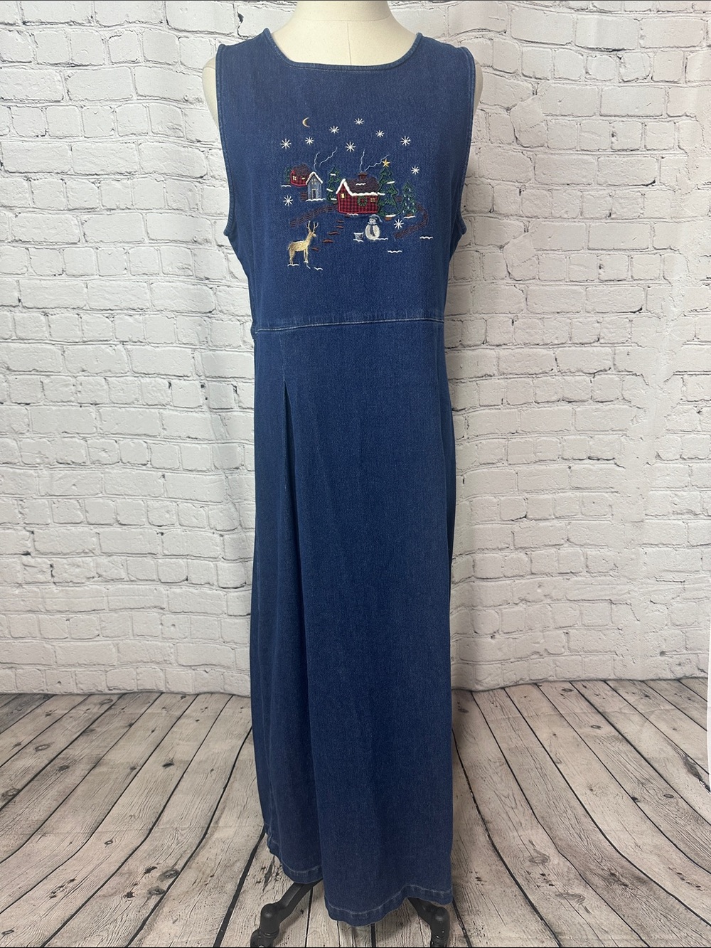 Woolrich Denim Jumper Dress Winter Village Embroidered Christmas Blue Medium
